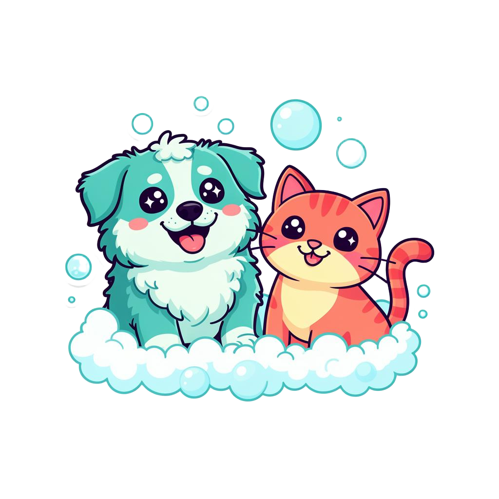Happy cartoon dog and cat in bubble bath โ Scrubby Paws mascots